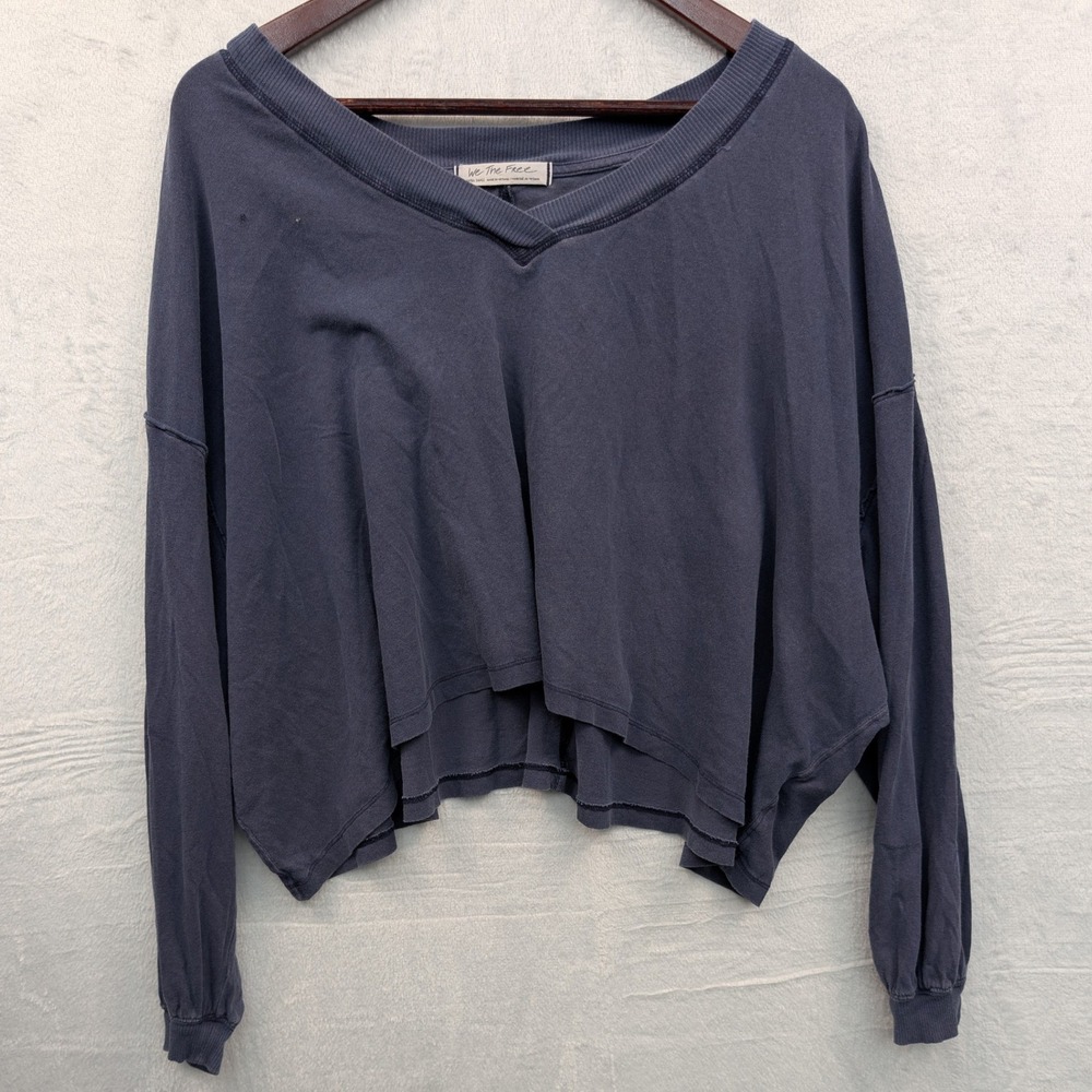 We The Free Shirt Women's XS Navy Blue Faded Oversized Cropped Long Sleeves Boho